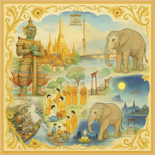 ผ้าพันคอลายวัฒนธรรมไทยสีทองเหลือง